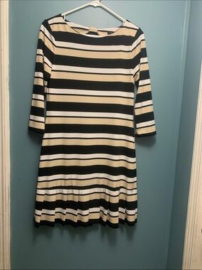 White House Black Market Black, White & Cream Striped Drop-Waist Dress